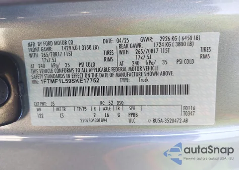 2025 Ford F-150 Xl z USA, uszkodzony, nr VIN 1FTMF1L59SKE17752